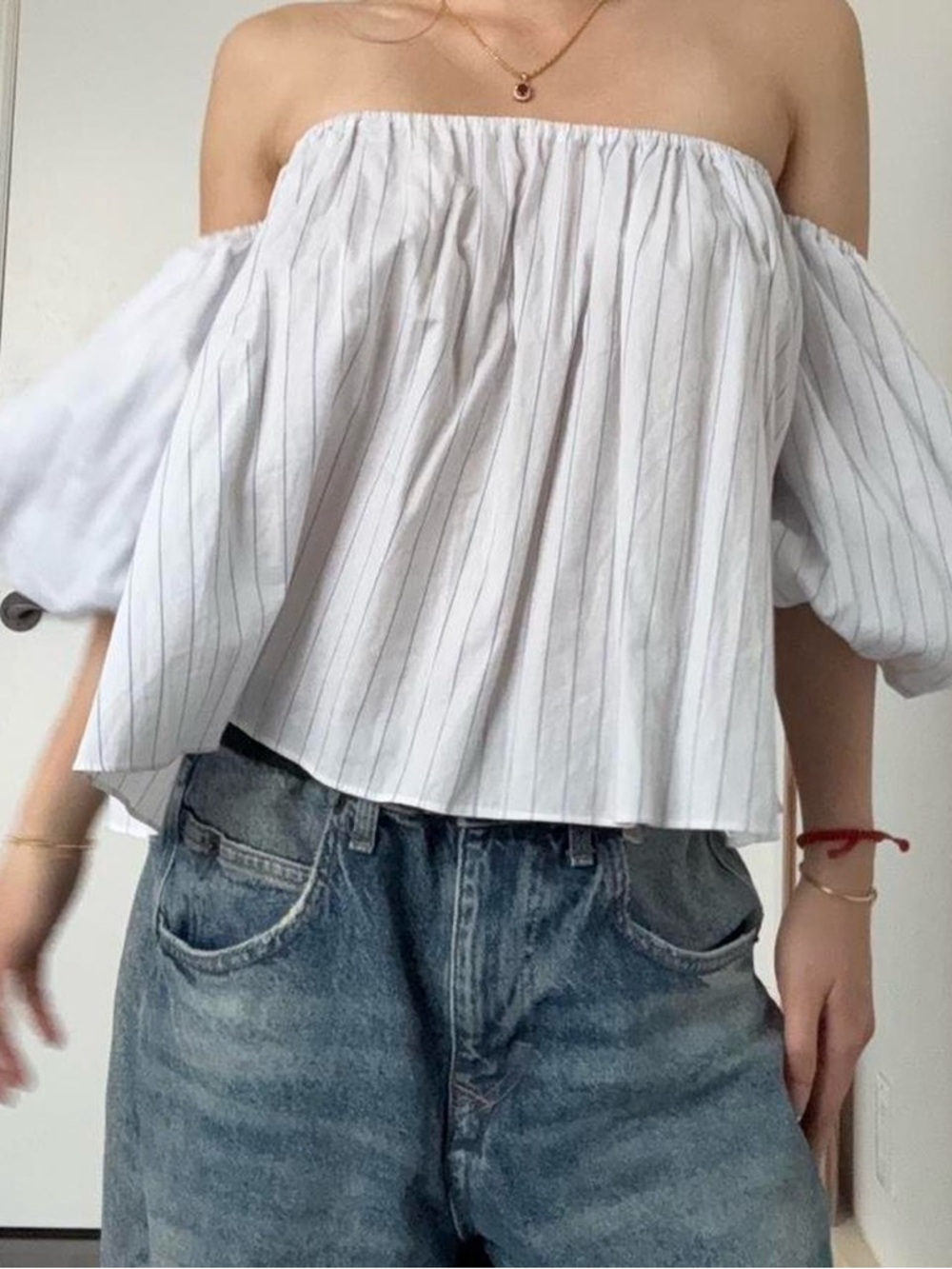 Pixie Market White Pinstripe Off-Shoulder Blouse
